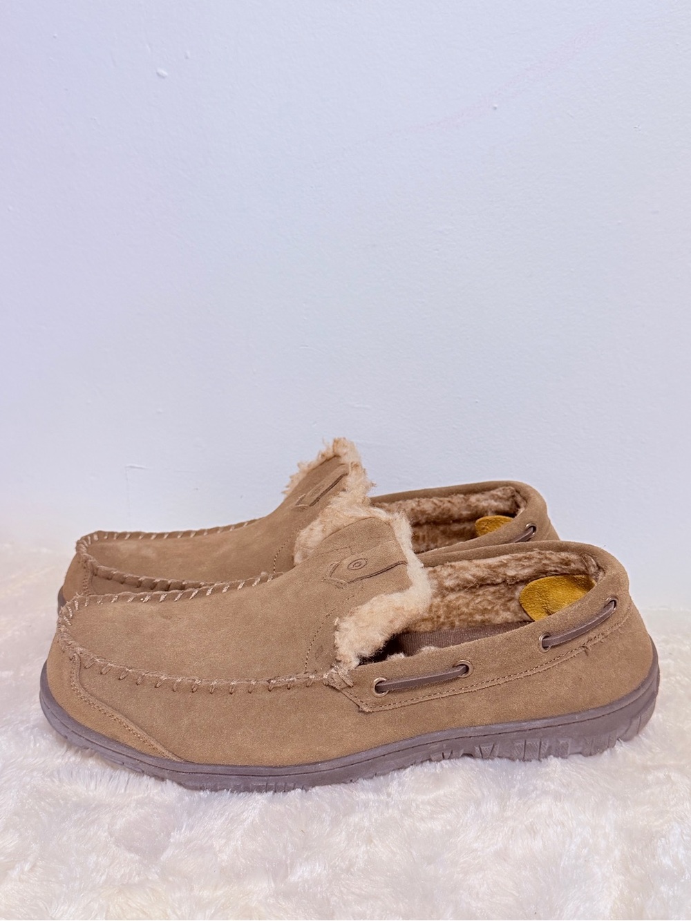 Clarks Venetian Suede Warm Plush Faux Fur Lining Moccasin Slippers Cinnamon 13